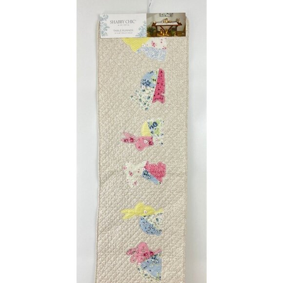 Shabby Chic Quilted Table Runner With Bunny Appliqués 14"x48" Beige With Pastel - Picture 4 of 10